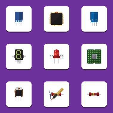 Düz simge elektronik alıcı, birim, alıcı ve diğer vektör nesnelerini ayarlayın. Ayrıca işlemci, elektronik, transistör öğeleri içerir.