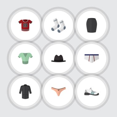 Düz simgesi elbise iç çamaşırı, Panama, ayak Tekstil ve diğer vektör nesneleri kümesi. Ayrıca ayak, spor ayakkabıları, Kimono öğeleri içerir.