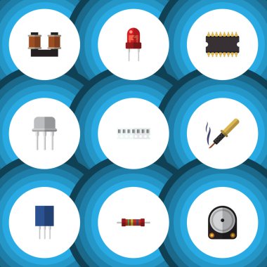 Düz simge teknoloji kümesi bobin bakır, alıcı, mikro işlemci ve diğer vektör nesneleri. Lehimleme, bobin, sürücü öğeleri de içerir.