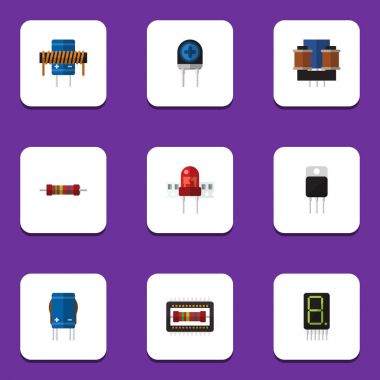 Düz simge teknoloji anabilgisayar, transistör, bobin ve diğer vektör nesneleri kümesi. Ayrıca birim, biriktirme, bobin öğeleri içerir.