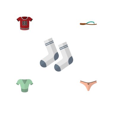 Düz simge kıyafet seti T-Shirt, Casual, ayak Tekstil ve diğer vektör nesneleri. Ayrıca içerir külot, üniforma, çorap öğeleri.