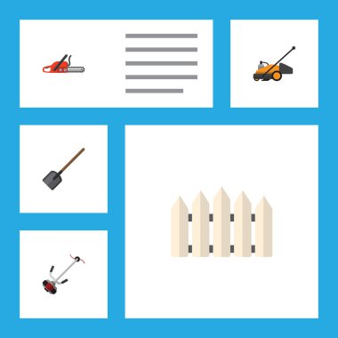 Demir testeresi, ahşap bariyer, kürek ve diğer vektör nesnelerini düz simge çiftlik seti. Blade, biçme, Spade öğeleri de içerir.