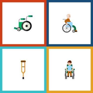 Düz simgesi sakat Stand, özürlü adam, ekipman vektör nesneleri kümesi. Ayrıca devre dışı, ekipman, sopa öğeler içerir.