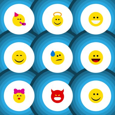 Angel, gülmek, sevinç ve diğer vektör nesnelerini düz simge Emoji seti. Gülümseme, gözyaşları, öpücük öğeleri de içerir.