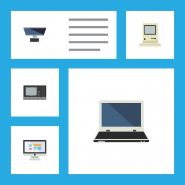 Düz simge bilgisayar seti, dizüstü, bilgisayar Pc ve diğer vektör nesneleri. Ayrıca ekran, Pc, görüntüleme öğeleri içerir.