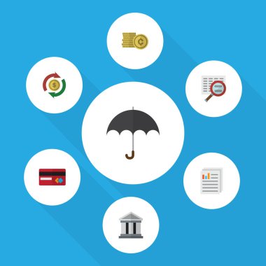 Düz simgesi gelen şemsiye, nakit, değişim ve diğer vektör nesneleri kümesi. Ayrıca takas, mimari, plaj öğeleri içerir.