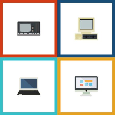 Düz simgesi dizüstü bilgisayar kümesi dizüstü, bilgisayar, Vintage donanım ve diğer vektör nesneleri. Ayrıca görüntüleme, bilgisayar, monitör öğeleri içerir.