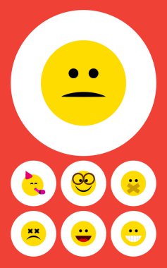Düz simgesi Emoji kümesi sıktı, gülmek, şaşı yüz ve diğer vektör nesneleri. Ayrıca gözlük, sus, parti öğeleri içerir.