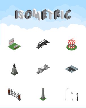 İzometrik şehir sokak fenerler, ekspres, Dc anıt ve diğer vektör nesneleri kümesi. Ayrıca okçuluk, Hedge, heykel öğeleri içerir.