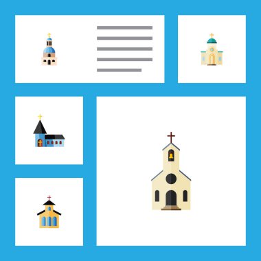 Dini kümesi düz simge yapı, kilise, Hıristiyan ve diğer vektör nesneleri. Ayrıca bina, geleneksel, içerir yapı elemanları.