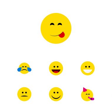 Düz simgesi ifade kümesi neşe, kahkaha, parti zamanı ifade ve diğer vektör nesneleri. Ayrıca üzgün, içerir sırıtma, sevinç öğeleri.