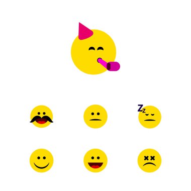 Düz simgesi Emoji kümesi parti zamanı ifade, uykuda, kahkaha ve diğer vektör nesneleri. Ayrıca neşe, kahkaha, memnun öğeleri içerir.