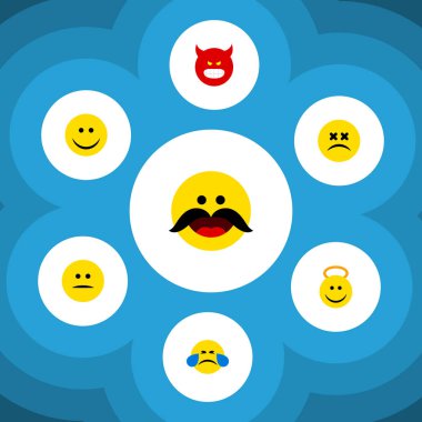 Düz simgesi Emoji dizi sevinç, melek, neşeli ve diğer vektör nesneleri. Surat asmayı, yüz, sevinç öğeleri de içerir.