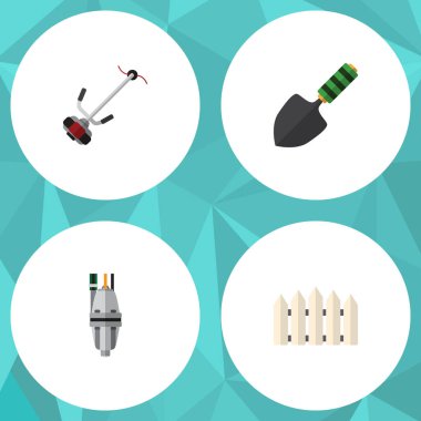 Düz simgesi kulübemde çim-kesici, ahşap bariyer, mala ve diğer vektör nesnelerini ayarlayın. Ayrıca ahşap çit, aracı, öğeleri içerir.