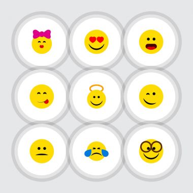 Düz simgesi ifade Angel, göz kırpıyor, okşa ve diğer vektör nesneleri kümesi. Ayrıca gözlük, hoş, Emoji öğeleri içerir.