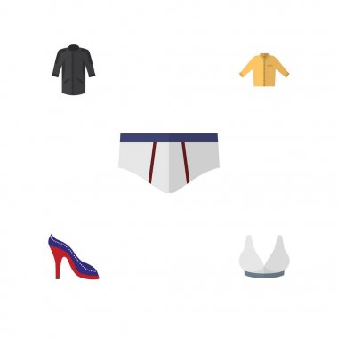 Brasserie, çamaşır grupları, üniforma ve diğer vektör nesnelerini düz simge kıyafet seti. Ayrıca içerir topuklu, Kimono, iç çamaşırı öğeleri.