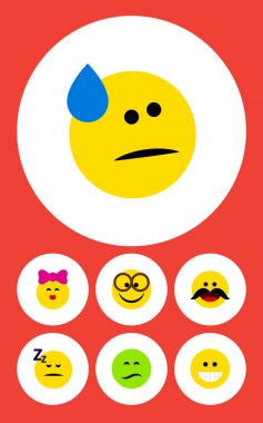 Düz simgesi yüz hoş, neşeli, uykuda ve diğer vektör nesneleri kümesi. Ayrıca içerir hoş, uyuyor, bıyık öğeleri.