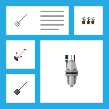 Düz simge kulübemde seti kürek, pompa, çim-kesici ve diğer vektör nesneleri. Ayrıca Spade, çim, çatal unsurları içerir.