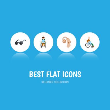 Düz simgesi engelli özürlü adam, Odyoloji, özürlü vektör nesnelerini ayarlayın. Ayrıca özürlü, Odyoloji, gözlük unsurları içerir.