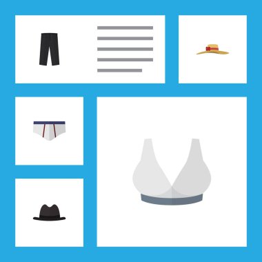 Düz simgesi elbise çamaşır grupları, Panama, Brasserie ve diğer vektör nesneleri kümesi. Ayrıca Fedora, pantolon, iç çamaşırı öğeleri içerir.