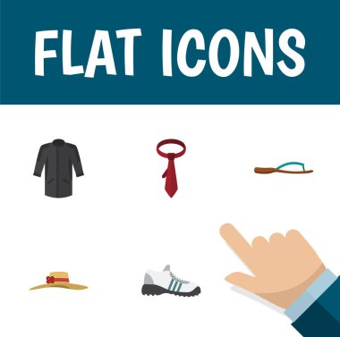 Düz simge kıyafetleri kümesi plaj sandalet, spor ayakkabıları, şık şapkalar vektör nesneleri. Üniforma, kadın, Kimono öğeleri de içerir.