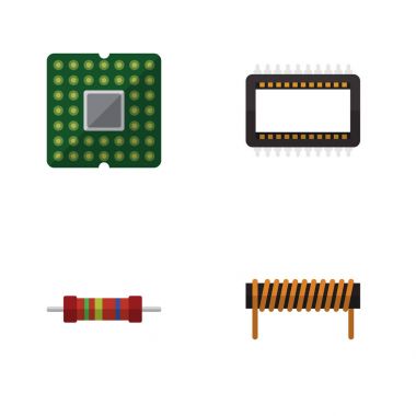 Düz simge teknoloji bobin, direnç, birim ve diğer vektör nesneleri kümesi. Ayrıca bakır, bobin, birim öğeleri içerir.