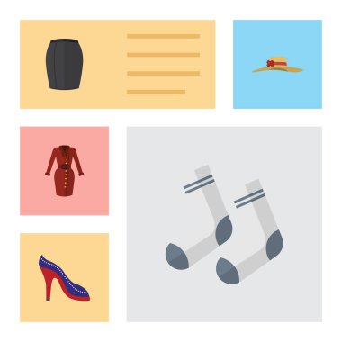 Düz simgesi elbise elbiseler, şık giyim, şık şapkalar ve diğer vektör nesneleri ayarlayın. Ayrıca etek, elbise, elbise öğeleri içerir.