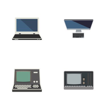 Düz simgesi dizüstü bilgisayar kümesi teknoloji, Vintage donanım, defter ve diğer vektör nesneleri. Ayrıca Vintage, kişisel, bilgisayar öğeleri içerir.