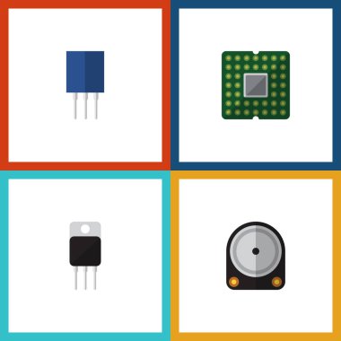 Düz simge elektronik alıcı, priz, birim ve diğer vektör nesneleri kümesi. Merkez, transistör, alıcı öğeleri de içerir.