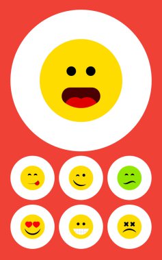 Düz simgesi yüz kümesi gülüşü göz kırpıyor, Delicious, gıda ve diğer vektör nesneleri. Ayrıca kalp, Emoji, baş döndürücü öğeleri içerir.