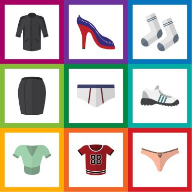 Spor ayakkabı, çamaşır grupları, şık giyim ve diğer vektör nesnelerini düz simge giysi seti. Ayrıca külot, bluz, dokuma detayları içerir.