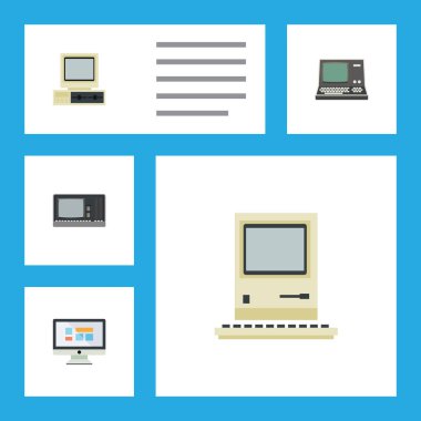 Düz simgesi dizüstü bilgisayar kümesi teknoloji, bilgisayar, Vintage donanım ve diğer vektör nesneleri. Ayrıca bilgisayar, içerir Retro, monitör öğeleri.