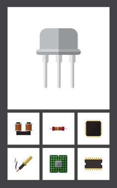 Düz simge teknoloji kümesi bobin bakır, Cpu, mikro işlemci ve diğer vektör nesneleri. Ayrıca Resist, işlemci, Fiildistor öğeler içerir.
