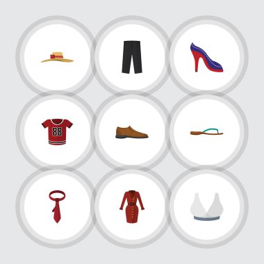 Düz simgesi giysiler koymak Brasserie, Cravat, plaj sandalet vektör nesneleri. Giysi, şapka, elbise öğeleri de içerir.