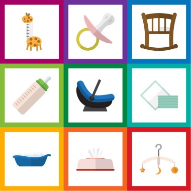 Düz simge çocuk Besleyici, doku, çocuk arabası ve diğer vektör nesnelerini ayarlayın. Aynı zamanda şişe, beşik, mobil öğeleri içerir.