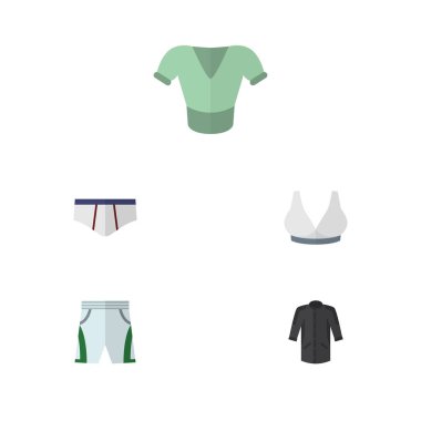 Düz simgesi elbise kümesi üniforma, Casual, çamaşır grupları ve diğer vektör nesneleri. Ayrıca şort, iç çamaşırı, bez öğeleri içerir.