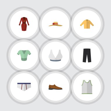 Düz simgesi giysi kümesi Banyan, pantolon, Singlet ve diğer vektör nesneleri. Ayrıca çamaşır grupları, Banyan, iç çamaşırı öğeleri içerir.