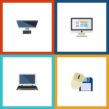 Düz simgesi dizüstü bilgisayar kümesi Pc, bilgisayar fare, ekran ve diğer vektör nesneleri. Ayrıca disket, fare, monitör unsurları içerir.