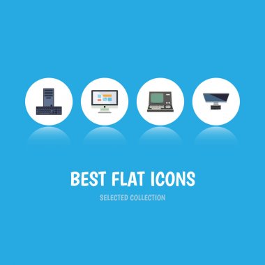 Düz simgesi dizüstü teknoloji, işlemci, Pc ve diğer vektör nesneleri kümesi. Ayrıca monitör, içerir Vintage, klavye öğeleri.