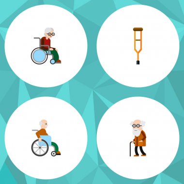 Düz simgesini devre dışı ayarlar özürlü adam, atası, Stand vektör nesneleri. Ayrıca içerir sopa, Engelli, yaşlı elemanları.