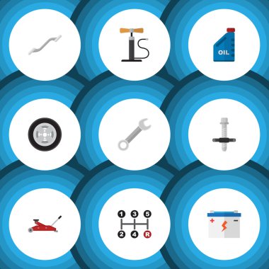 Düz simgesi atölye kümesi çarkı pompa, susturucu, Petrol ve diğer vektör nesneleri. Ayrıca benzin, pil, araba öğeleri içerir.