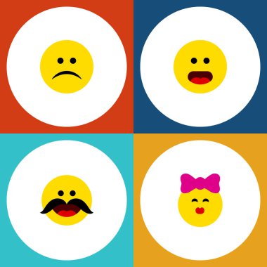 Düz simgesi hareket kümesini okşa, neşeli, hüzünlü ve diğer vektör nesneleri. Öpücük, karışık, bıyık öğeleri de içerir.