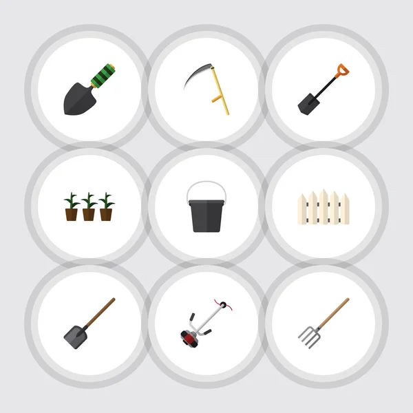 Set de granjas de iconos planos de maceta, cubo, pala y otros objetos vectoriales. También incluye espadas, contenedores, elementos de cortacésped . — Vector de stock