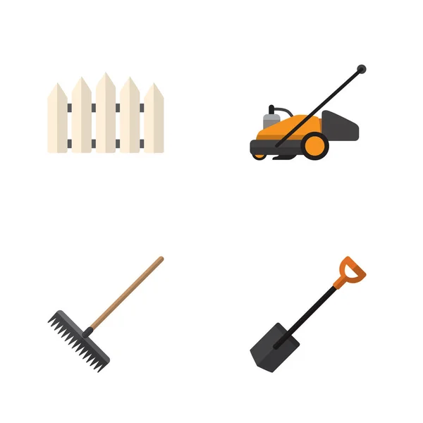 Flat Icon Garden Set Of Lawn Mower, Harrow, Wooden Barrier And Other Vector Objects. Also Includes Cutter, Harrow, Rake Elements. — Stock Vector