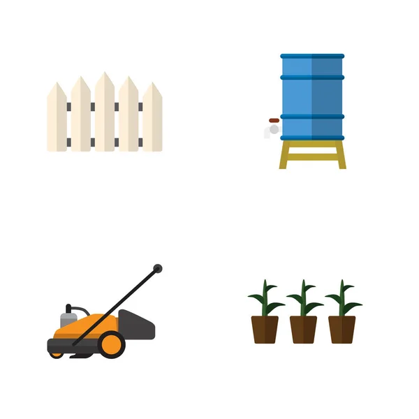 Flat pictogram tuin Set bloempot, houten barrière, grasmaaier en andere vectorobjecten. Omvat ook maaier, barrière, gazon elementen. — Stockvector