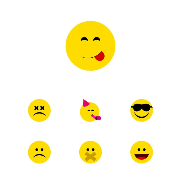 Conjunto de caras de iconos planos de silencio, comida deliciosa, triste y otros objetos vectoriales. También incluye fruncir el ceño, Delicioso, Elementos Emoticones . — Vector de stock