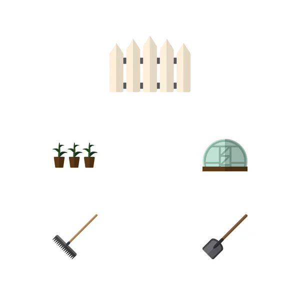 Icono plano Dacha conjunto de grada, invernadero, barrera de madera y otros objetos vectoriales. También incluye pala, botánica, elementos de herramienta . — Vector de stock