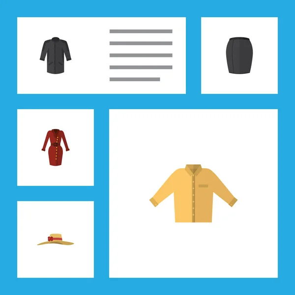 Platte Icon kledingstuk Set van kleding, Banyan, elegante hoofddeksels en andere vectorobjecten. Omvat ook hoofddeksels, Uniform, kleding elementen. — Stockvector