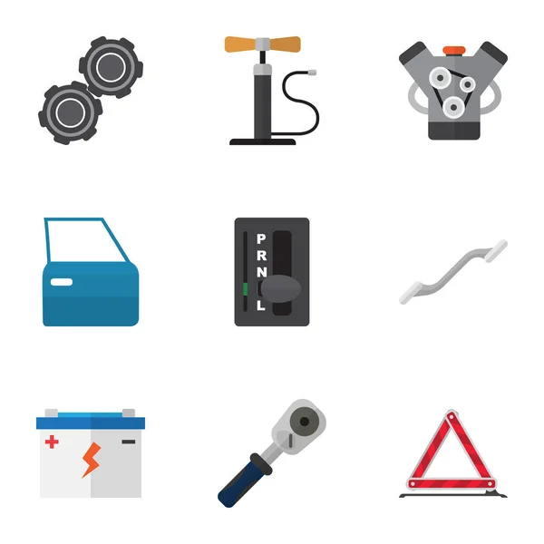Set de taller de icono plano de trinquete, cinturón, acumulador y otros objetos vectoriales. También incluye motor, junta, elementos de acoplamiento . — Archivo Imágenes Vectoriales