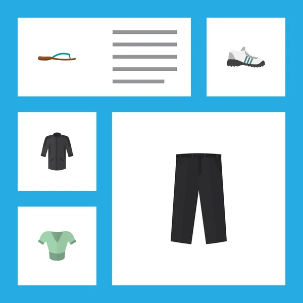 Platte Icon jurk Set van broeken, strand sandaal, Casual vectorobjecten. Ook bevat Flop, Sandal, kleren elementen. — Stockvector